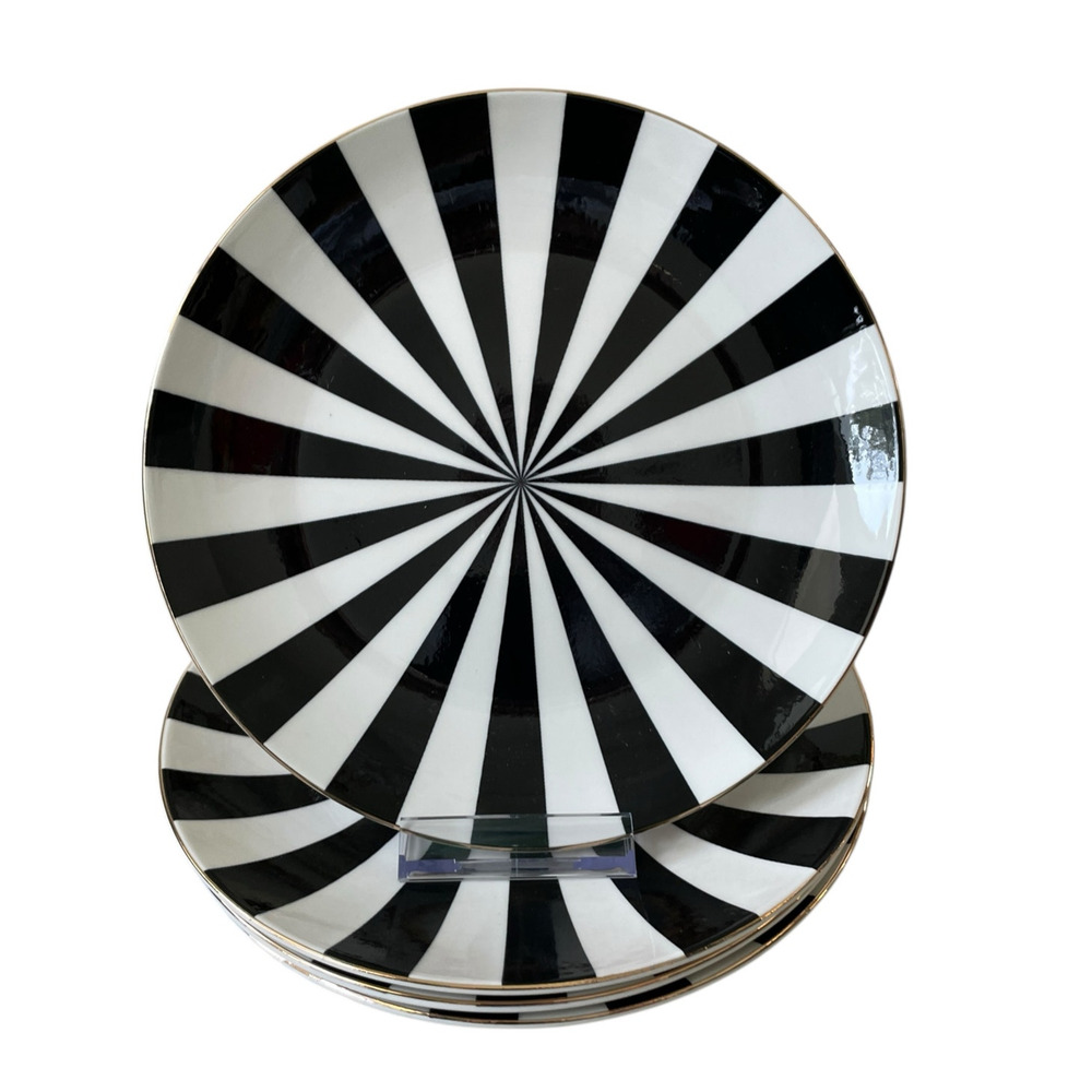 Christian Siriano Salad Plates 8in Porcelain Set of 4 Black White Candy Stripe - Picture 8 of 12